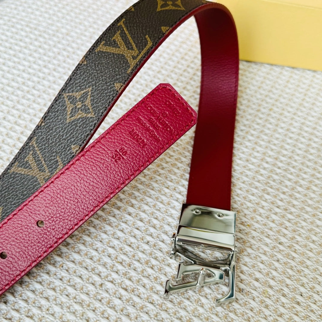 LV Initiales 30mm Reversible Belt Silver Rotating Buckle Burgundy Brown Leather