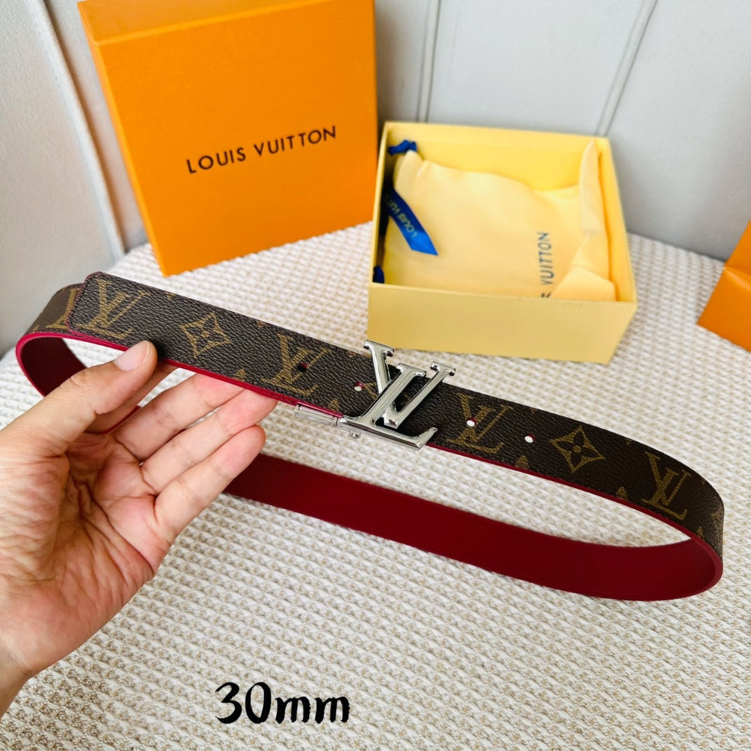 LV Initiales 30mm Reversible Belt Silver Rotating Buckle Burgundy Brown Leather