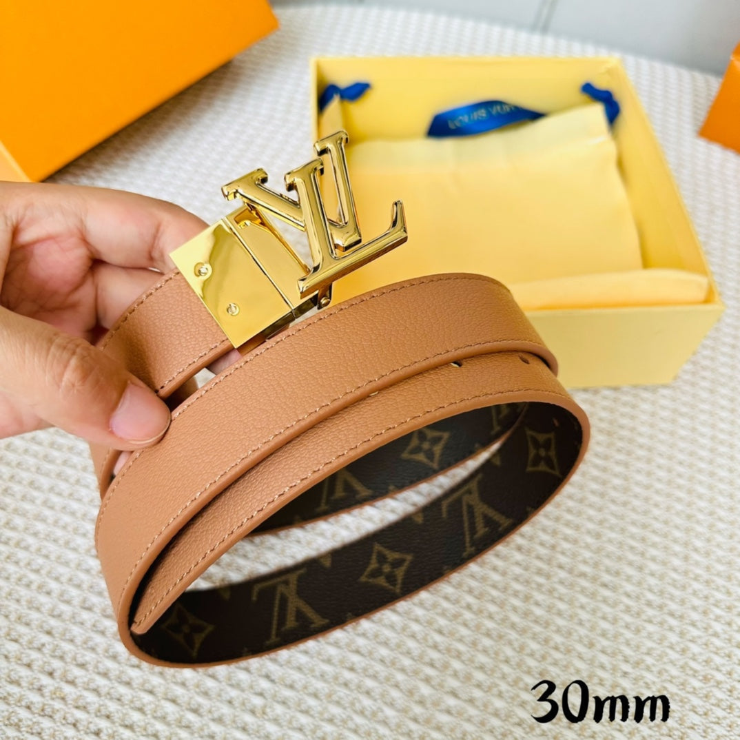LV Initiales 30mm Reversible Belt Gold Rotating Buckle Tan Brown Leather