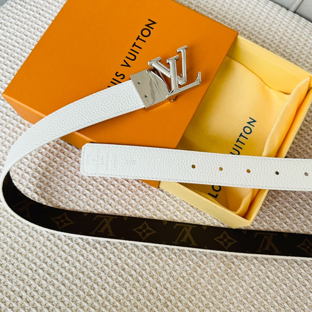LV Initiales 30mm Reversible Belt Silver Rotating Buckle White Brown Leather