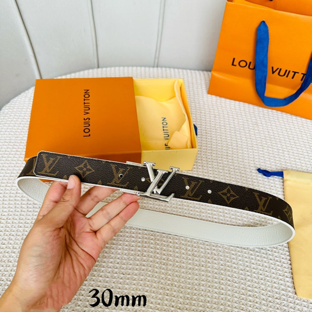 LV Initiales 30mm Reversible Belt Silver Rotating Buckle White Brown Leather