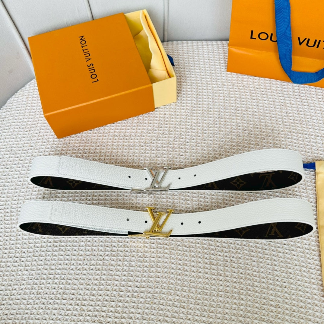 LV Initiales 30mm Reversible Belt Silver Rotating Buckle White Brown Leather