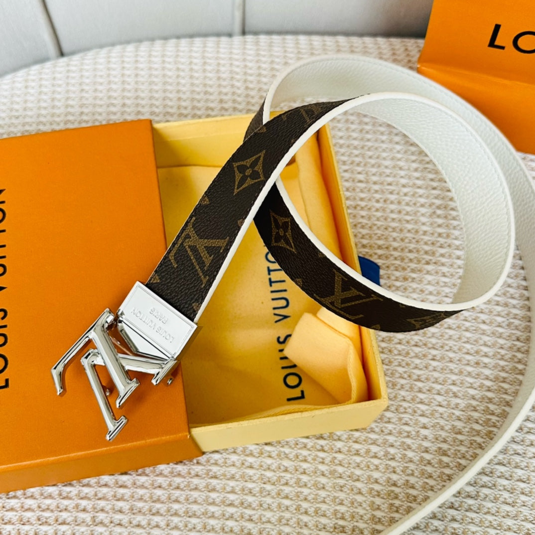 LV Initiales 30mm Reversible Belt Silver Rotating Buckle White Brown Leather