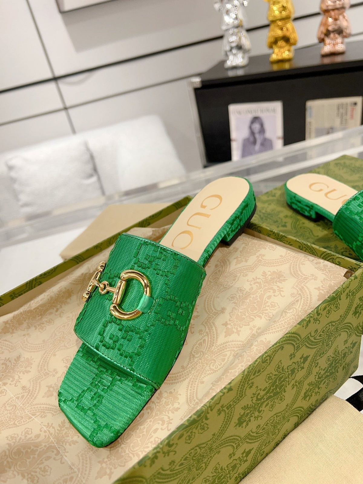 GG CHUNKY SLIDE SANDAL DARK GREEN CALFSKIN