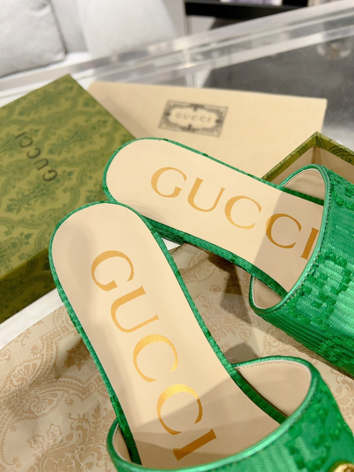 GG CHUNKY SLIDE SANDAL DARK GREEN CALFSKIN