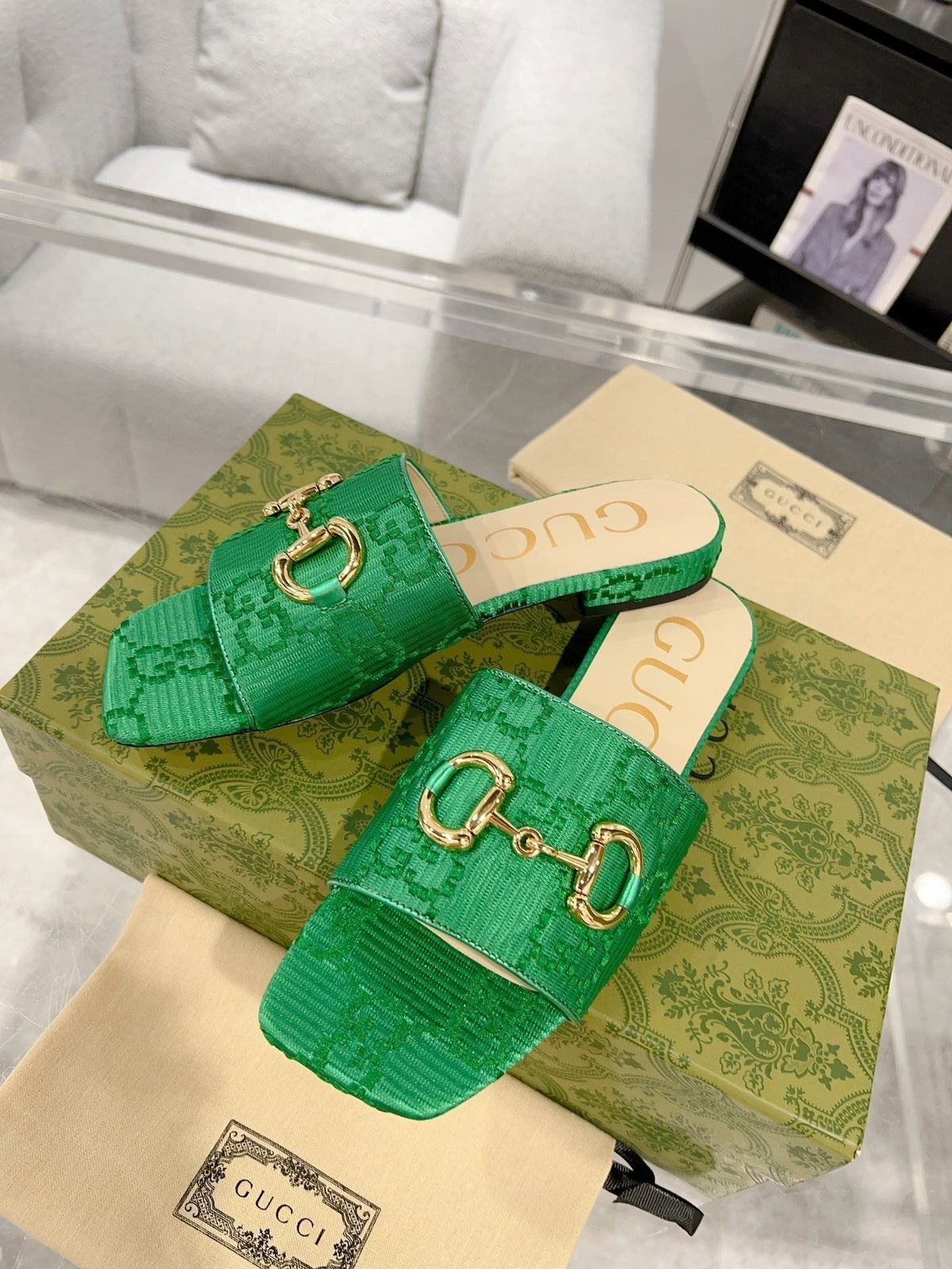 GG CHUNKY SLIDE SANDAL DARK GREEN CALFSKIN