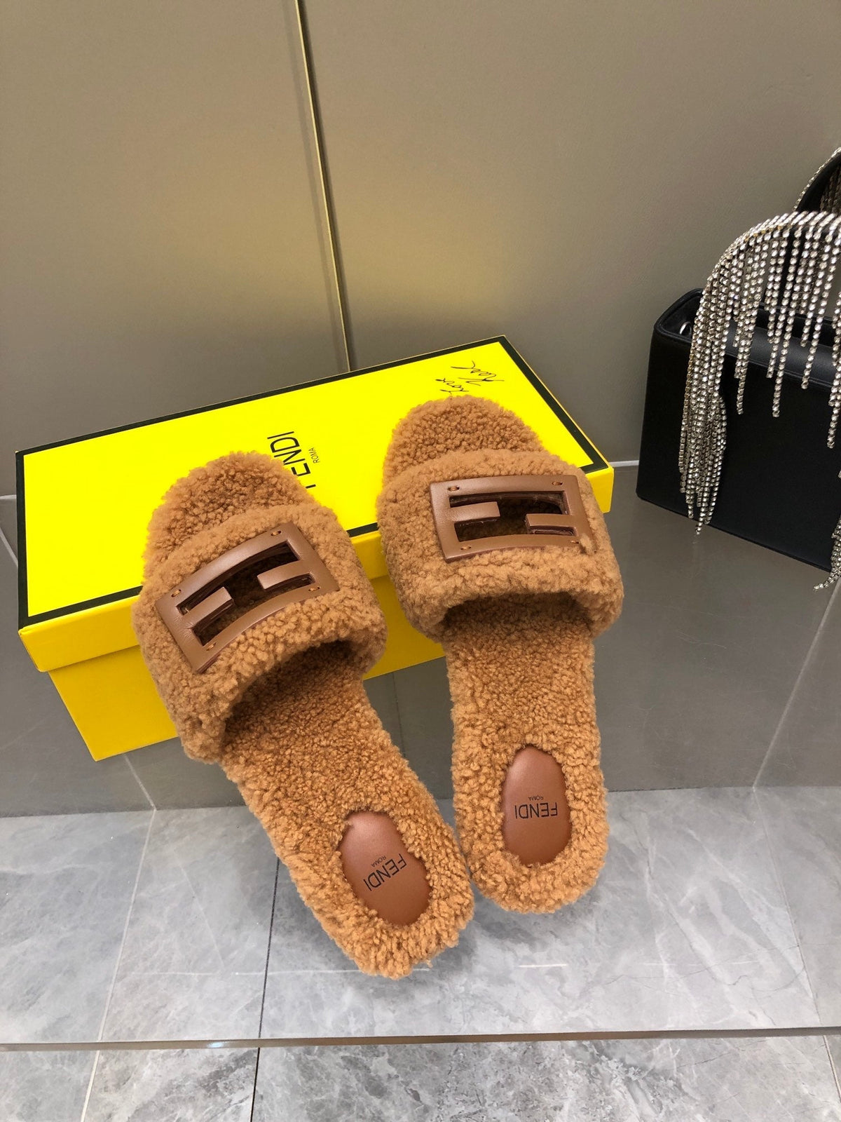 FENDI BAGUETTE SLIDE SLIPPERS IN CINNAMON BROWN WOOL