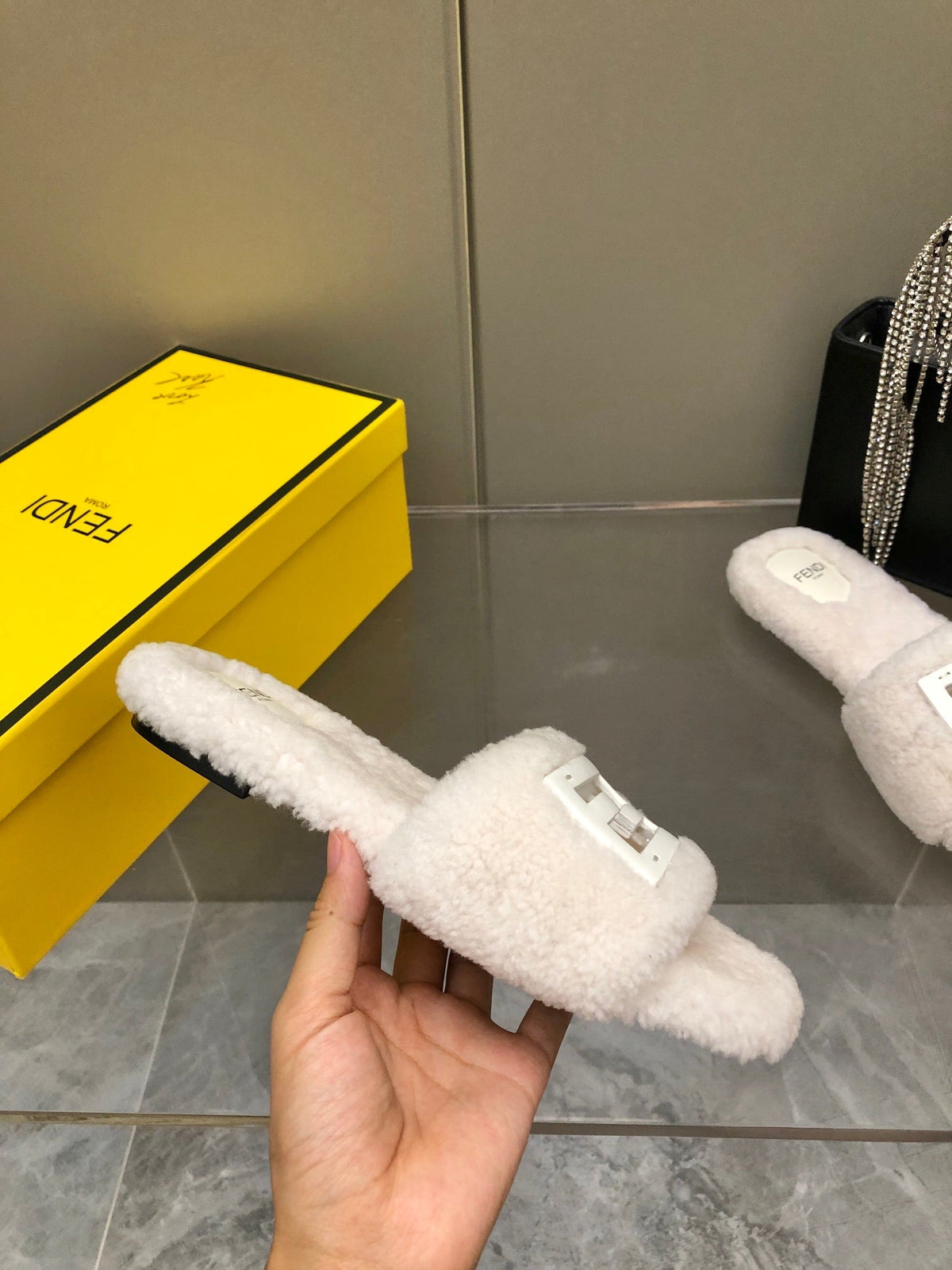 FENDI BAGUETTE SLIDE SLIPPERS IN WHITE WOOL