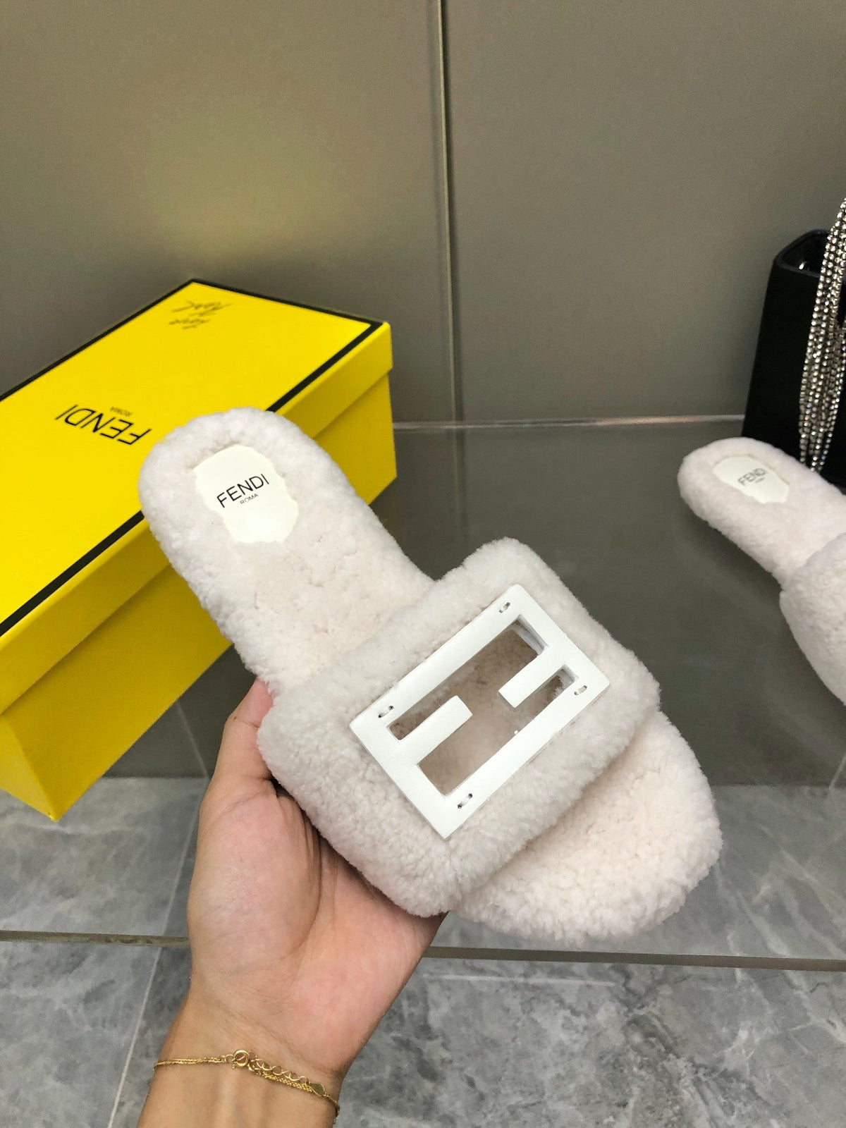 FENDI BAGUETTE SLIDE SLIPPERS IN WHITE WOOL