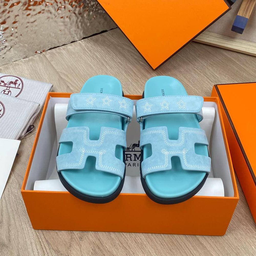 chypre sandal turquoise blue suede calfskin white thread embroidered