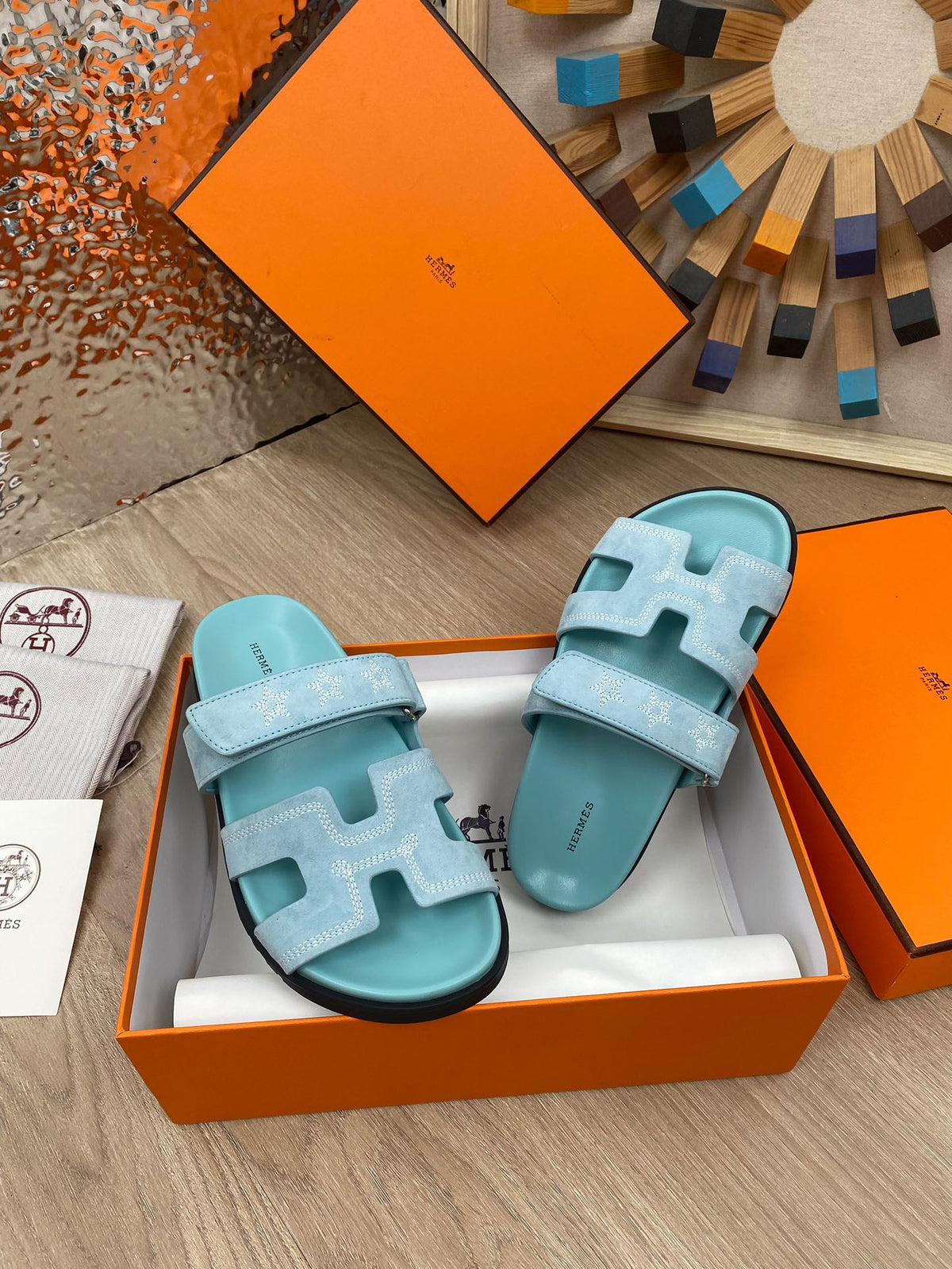 chypre sandal turquoise blue suede calfskin white thread embroidered