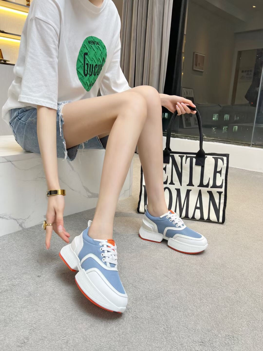 HM Giga 50 Sneaker Light Blue Canvas White Goatskin Orange