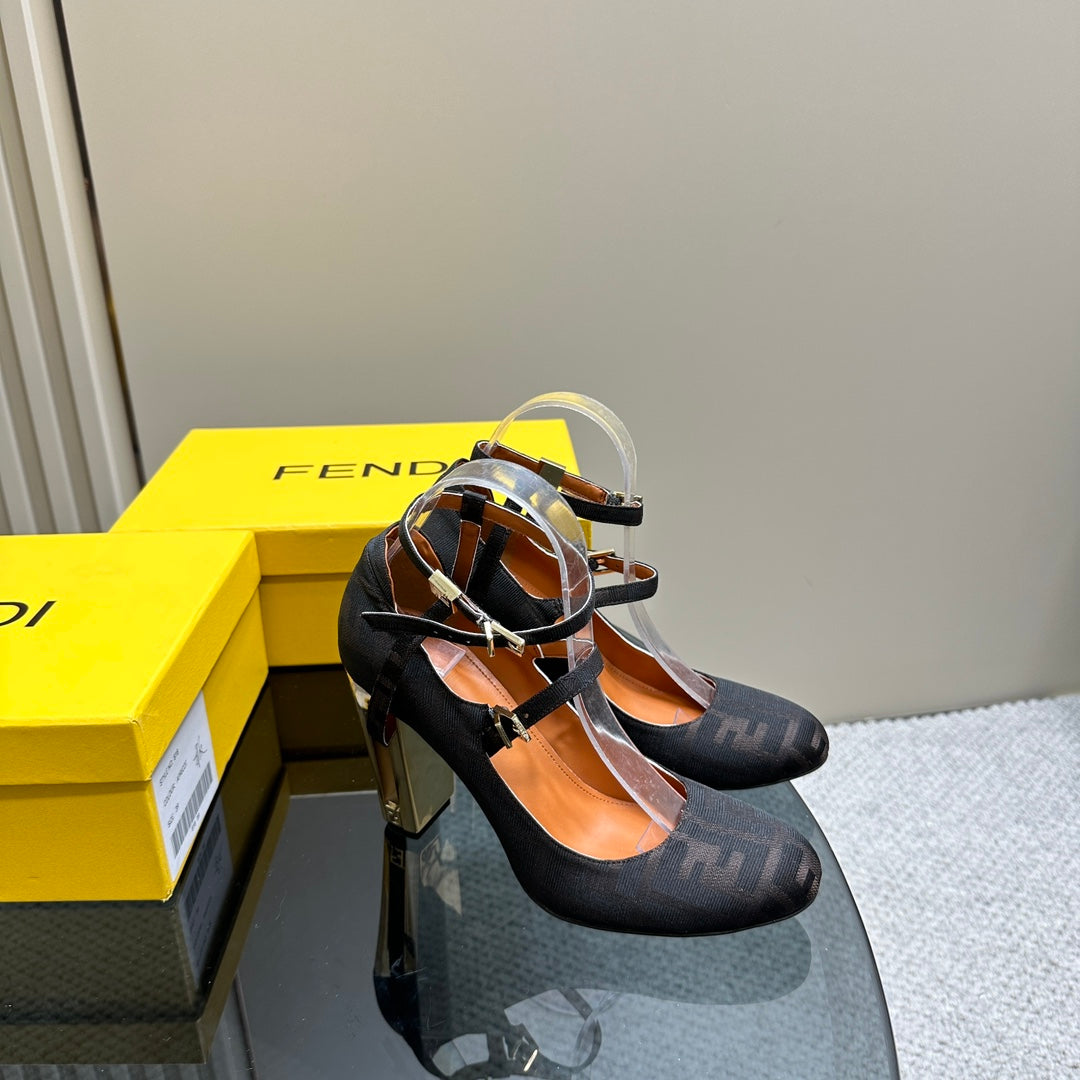 FENDI DELFINA HIGH-HEELED 85 MM SANDAL IN BLACK MONOGRAM FF CANVAS