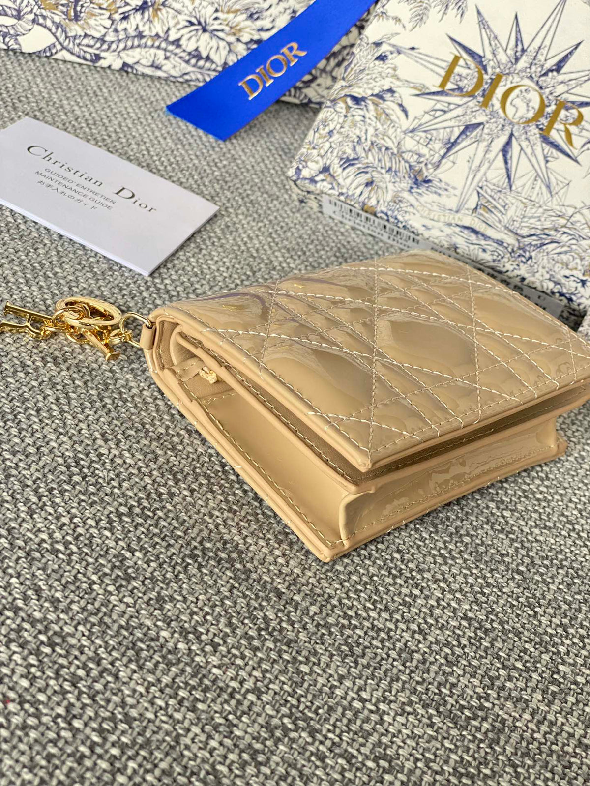 CD Caro 11cm Compact Wallet Shiny Beige Calfskin