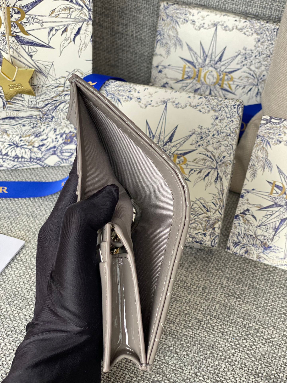 CD Caro 11cm Compact Wallet Shiny Grey Calfskin