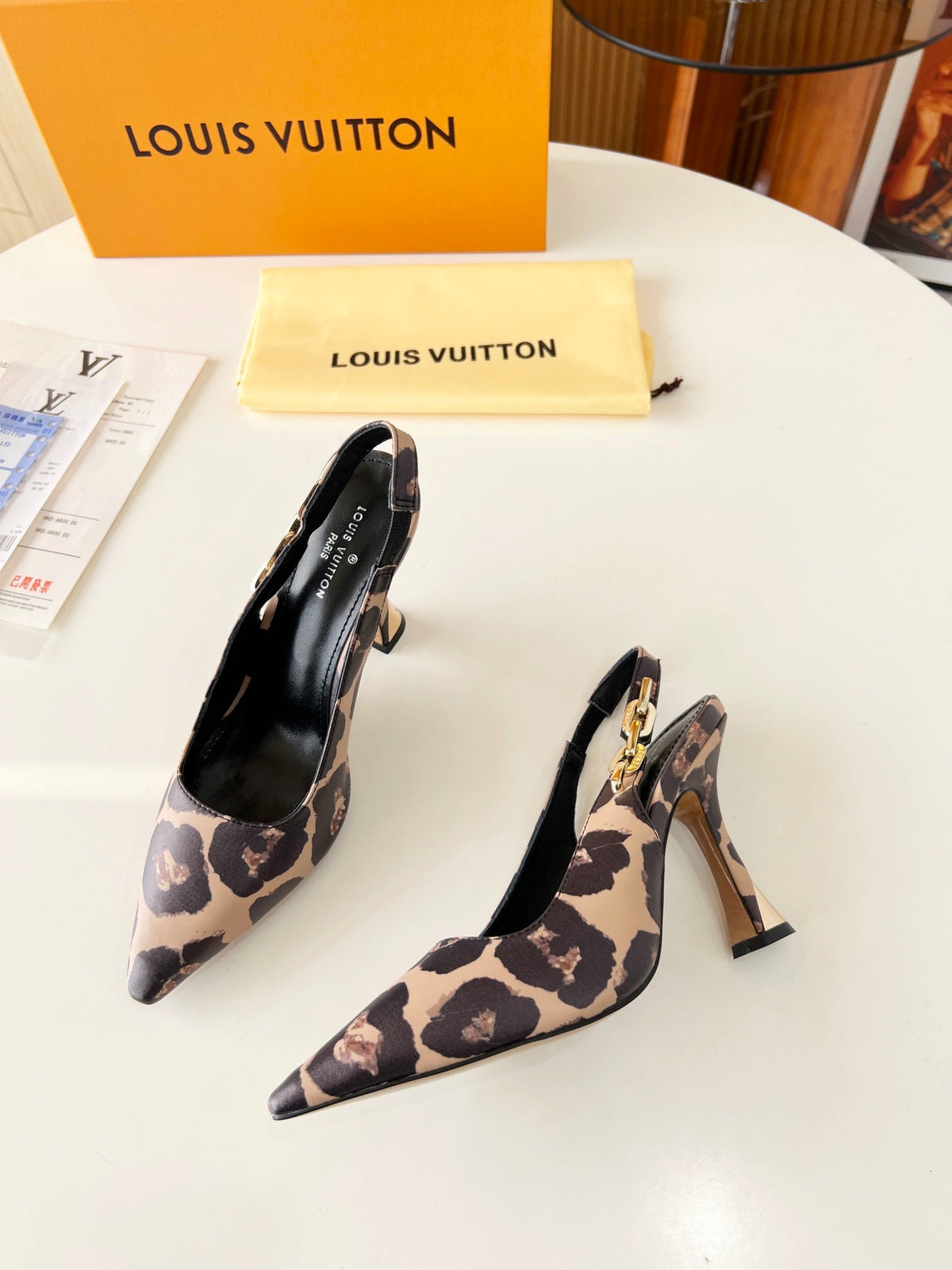 LV Spake Slingback with Chain 8.5CM Camel Beige Mix Black Fabric 218280