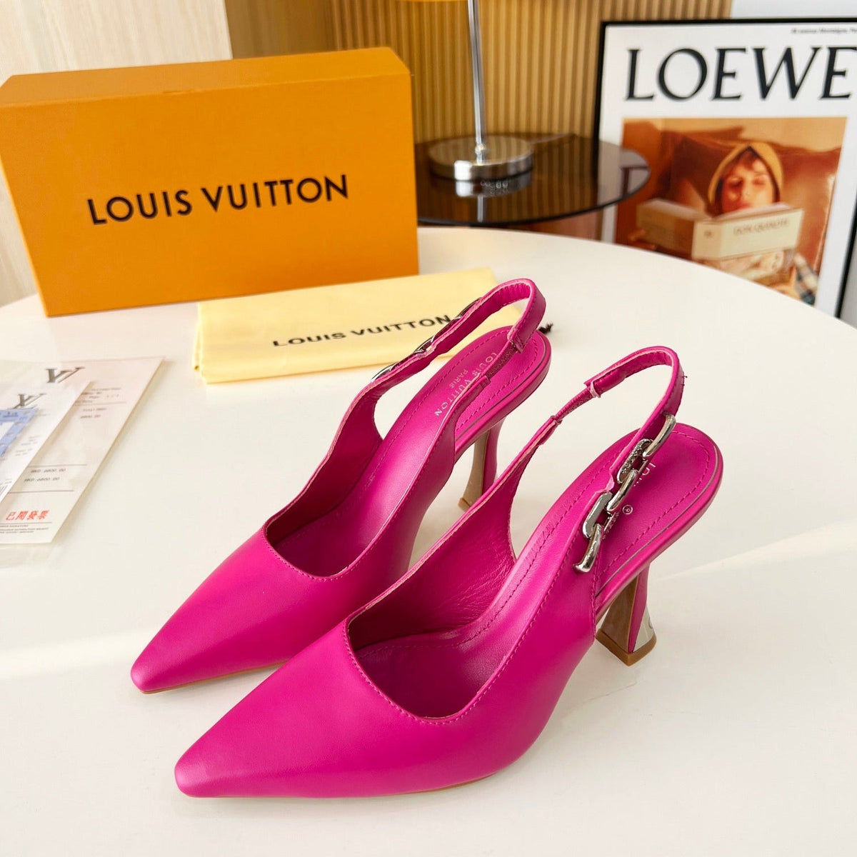 LV Spake Slingback with Chain 8.5CM Raspberry Pink Calfskin 218281