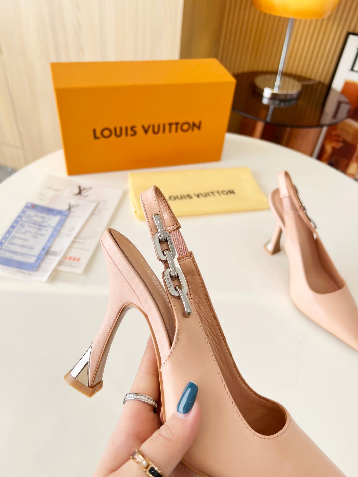 LV Spake Slingback with Chain 8.5CM Cream Tan Calfskin 218284