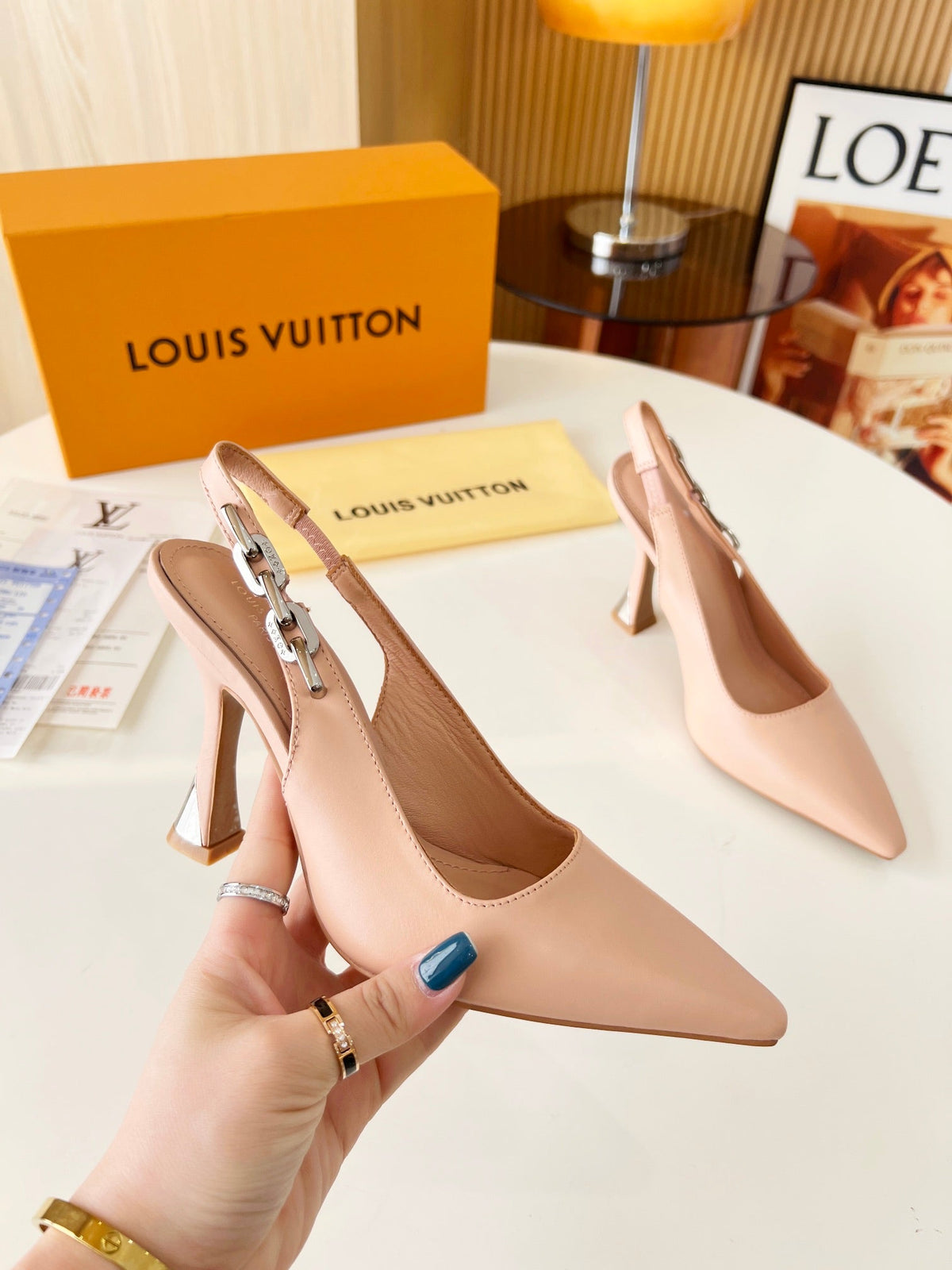 LV Spake Slingback with Chain 8.5CM Cream Tan Calfskin 218284