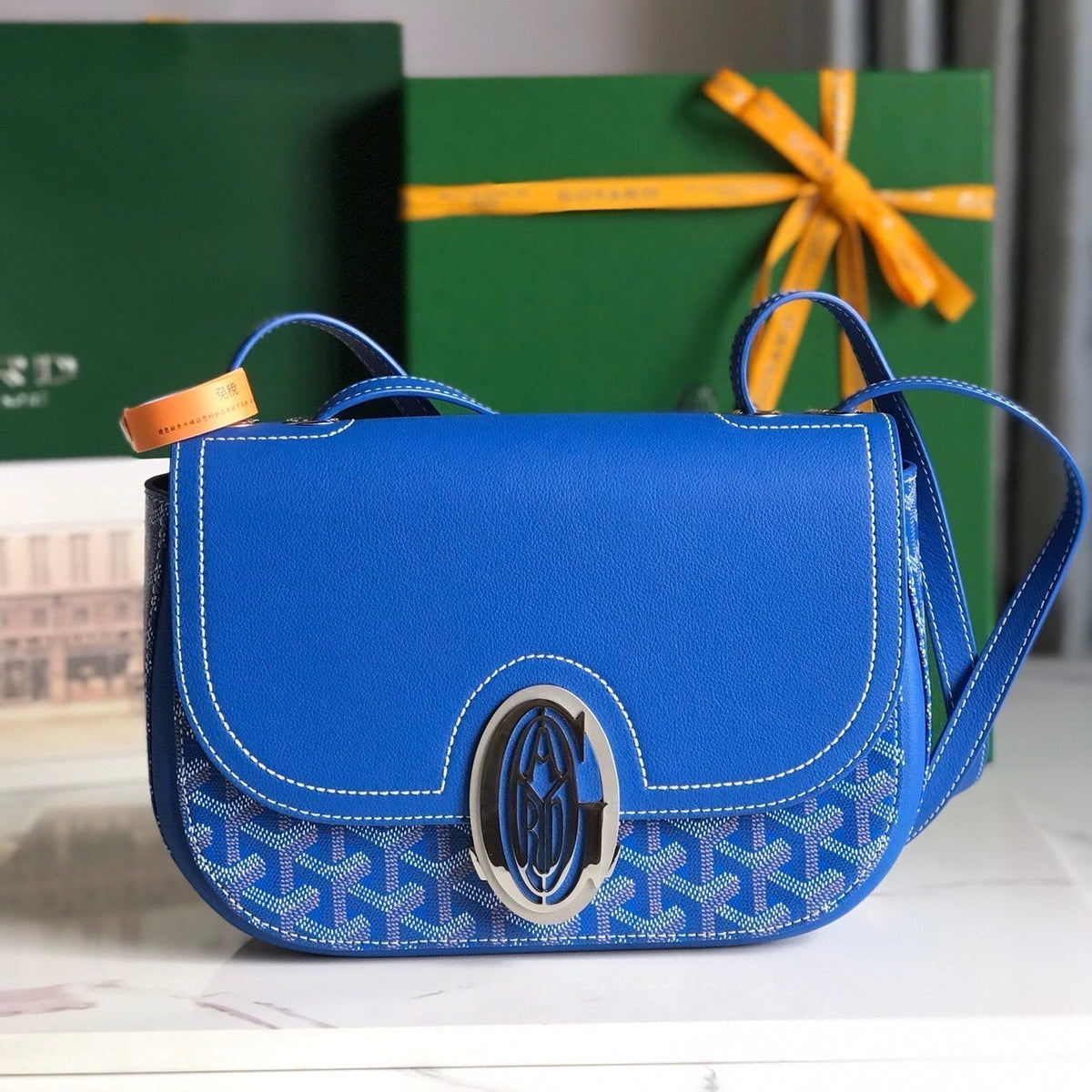 233 BAG 25 IN SAPPHIRE BLUE CALFSKIN AND GOYARDINE CANVAS