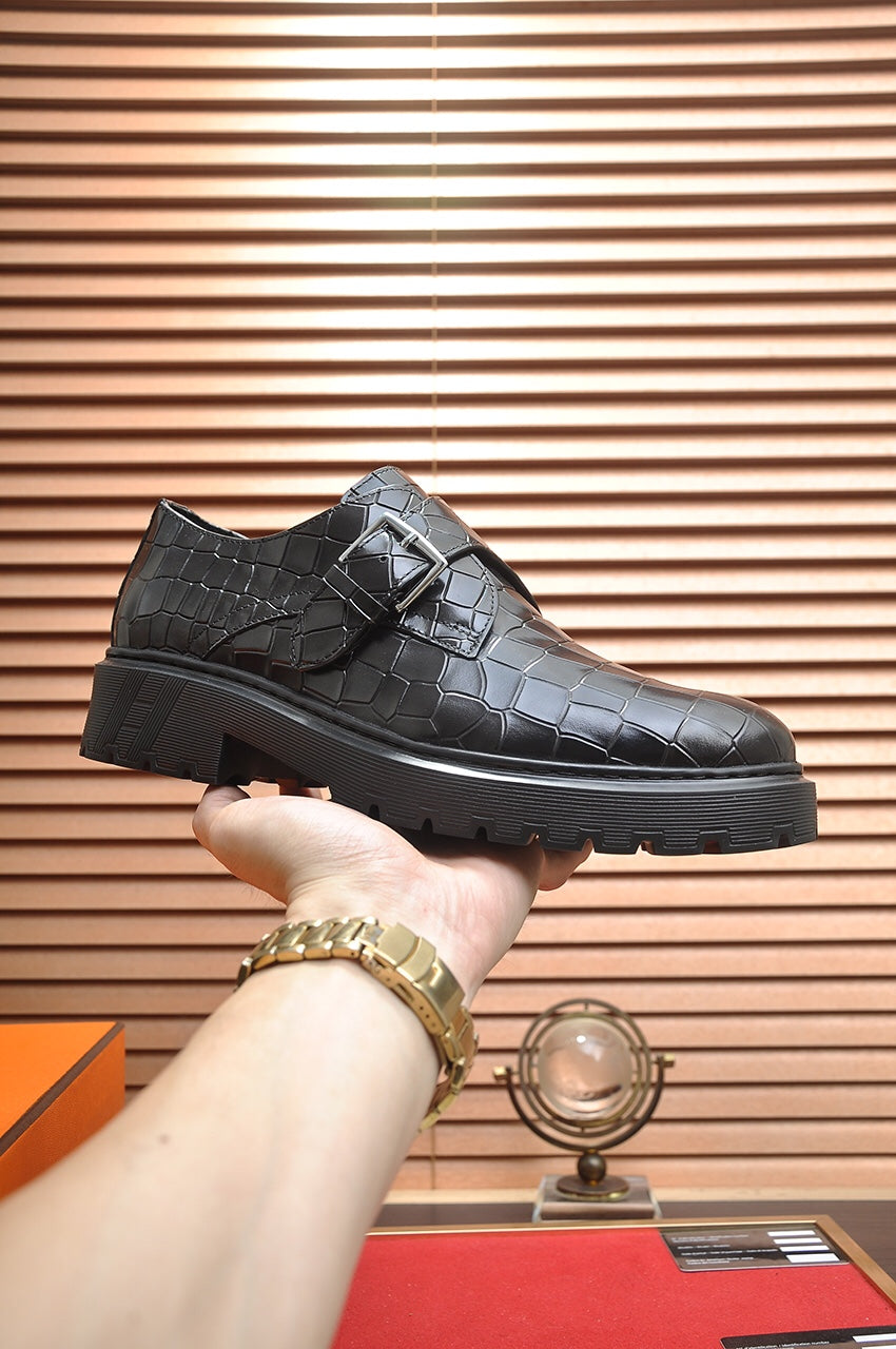 HM MONK STRAP BLACK WITH CROCODILE MOTIF CALFSKIN
