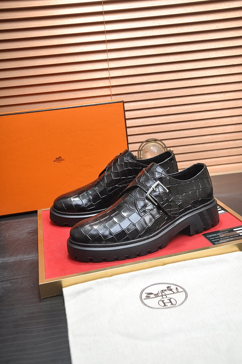 HM MONK STRAP BLACK WITH CROCODILE MOTIF CALFSKIN