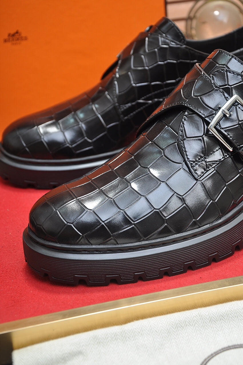 HM MONK STRAP BLACK WITH CROCODILE MOTIF CALFSKIN