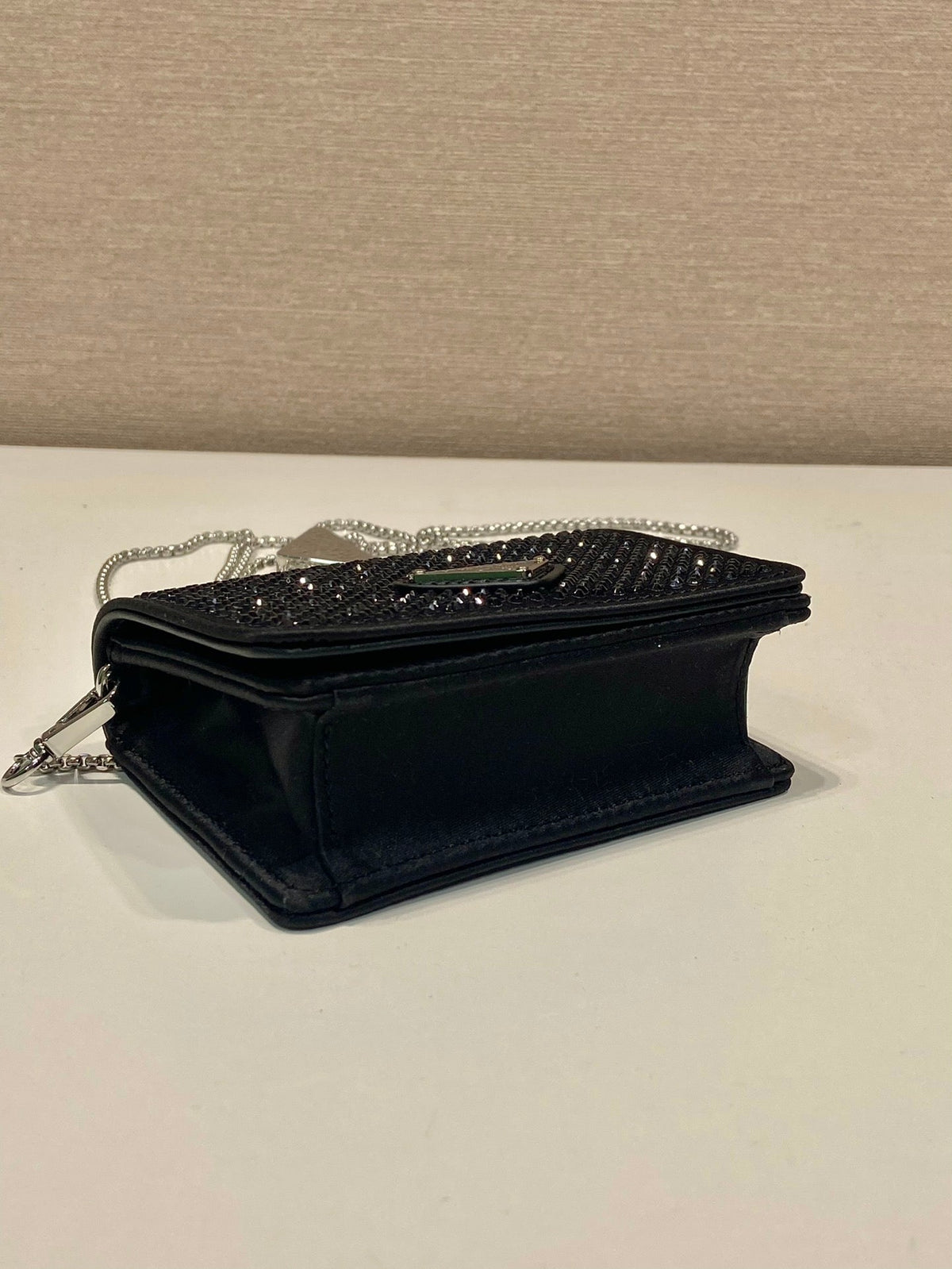 MINI FLAP BAG 11 IN BLACK DUCHESSE FABRIC ATTACHED FULL CRYSTALS SILVER CHAIN