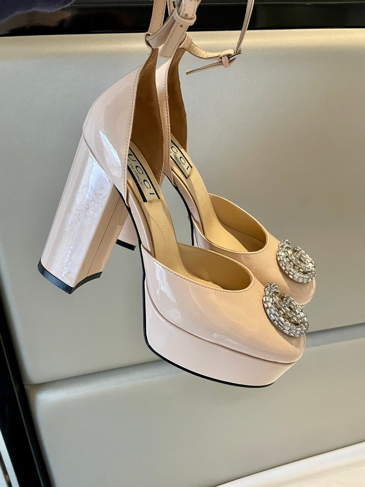 platform pump 12cm with double beige patent leather