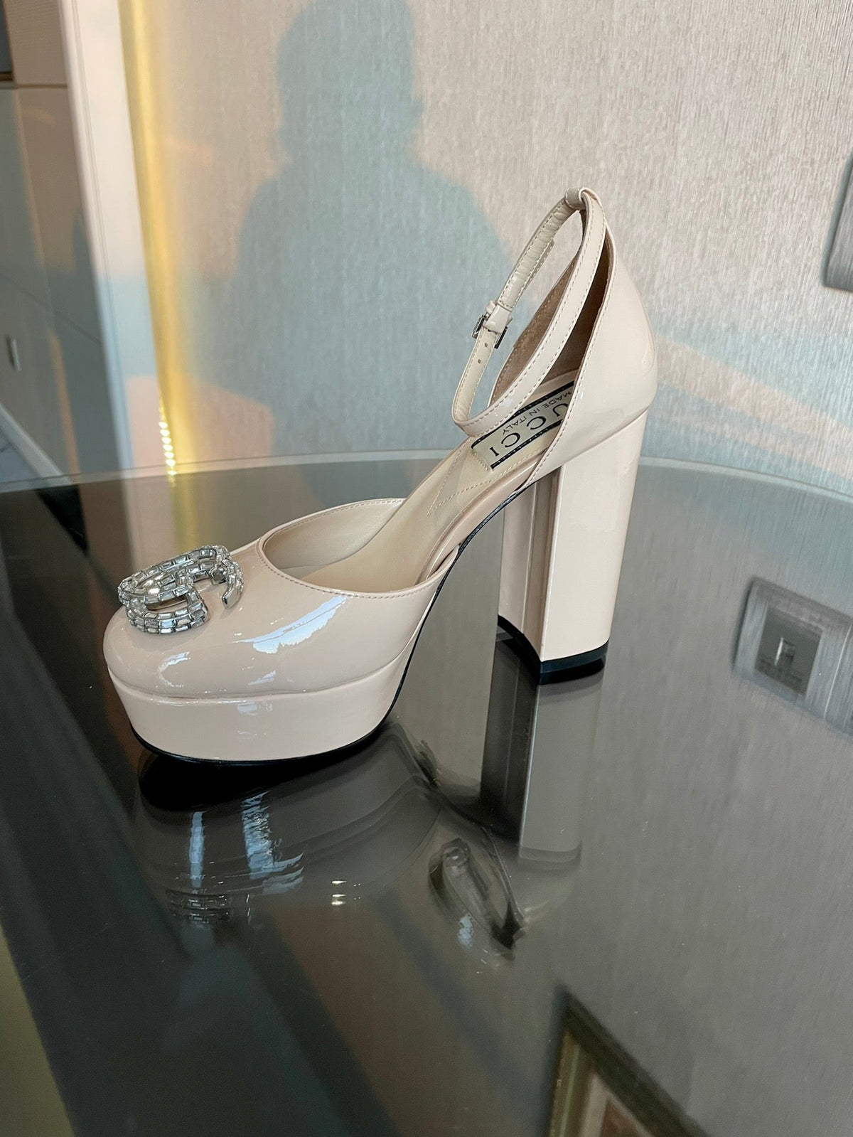 platform pump 12cm with double beige patent leather