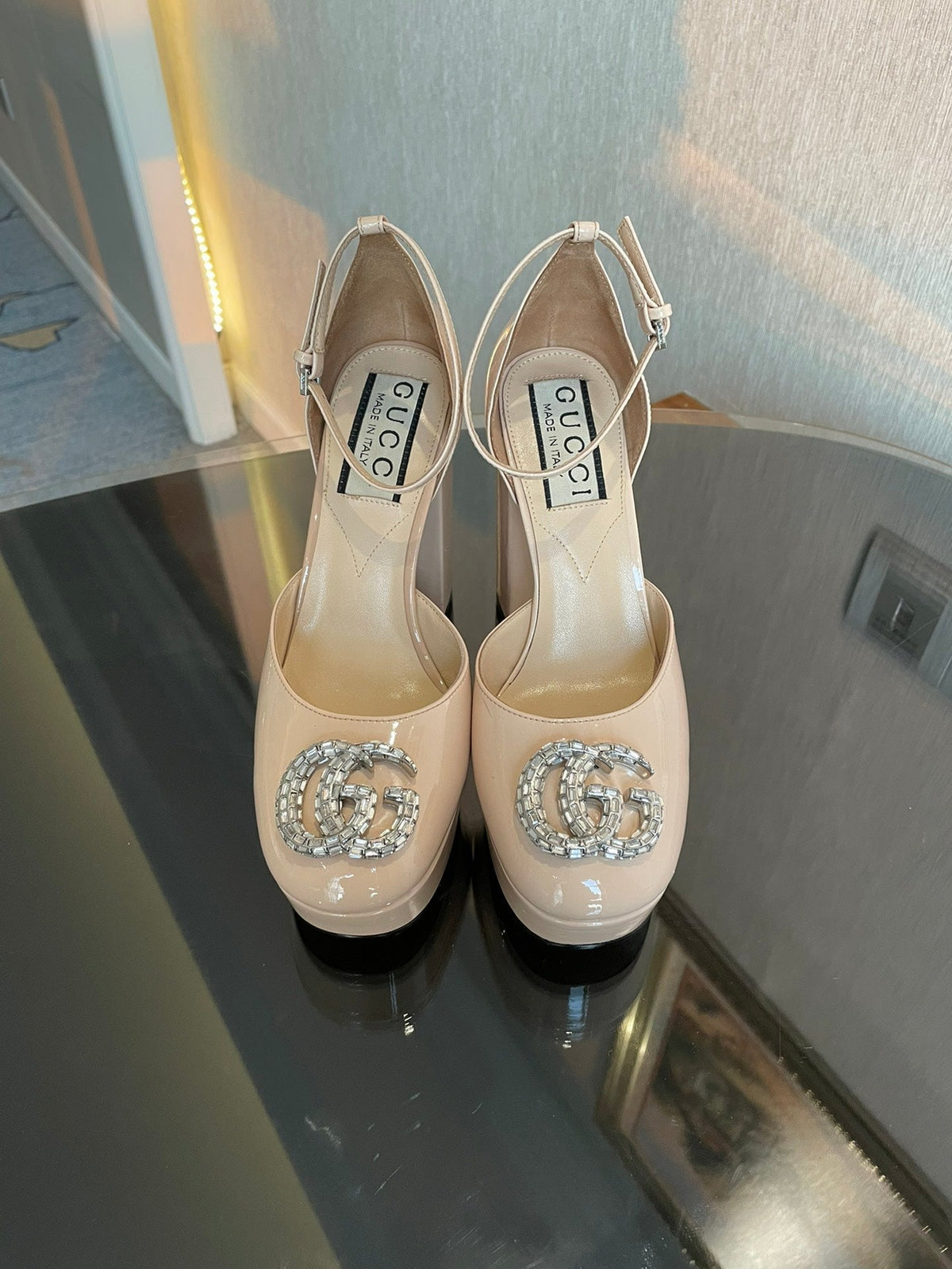 platform pump 12cm with double beige patent leather