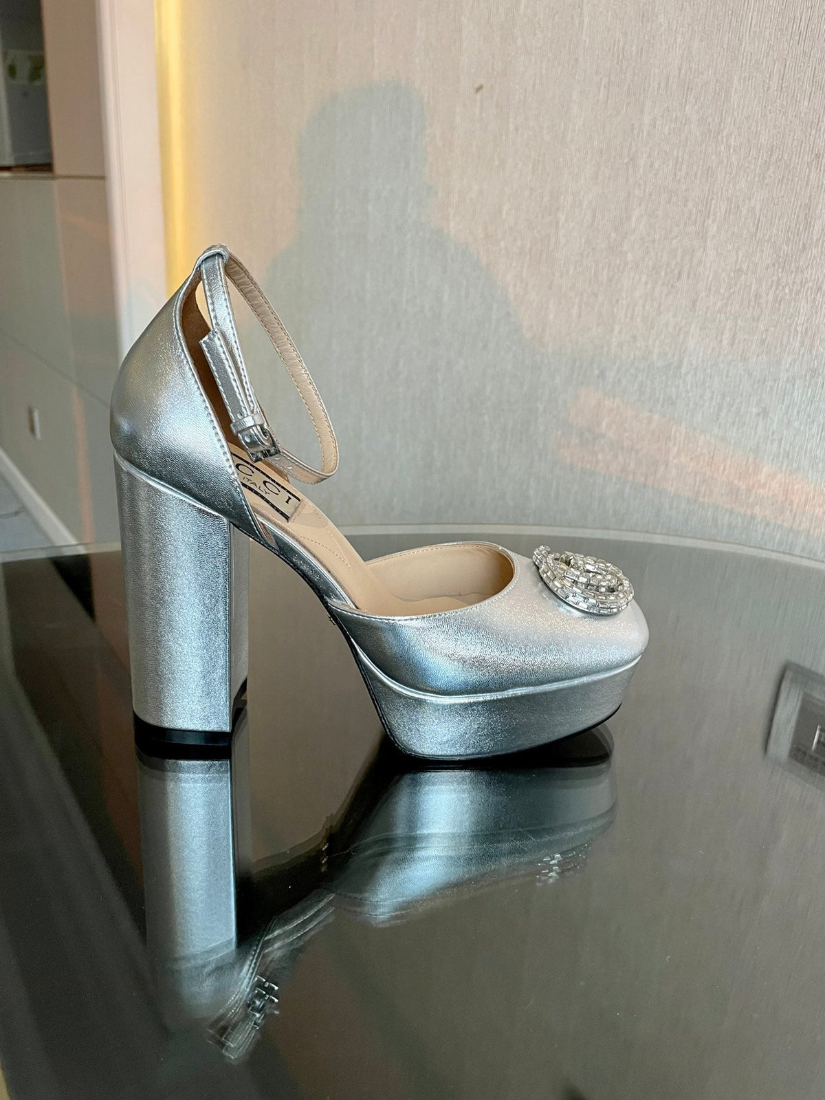 platform pump 12cm with double g silver metalic patent leather
