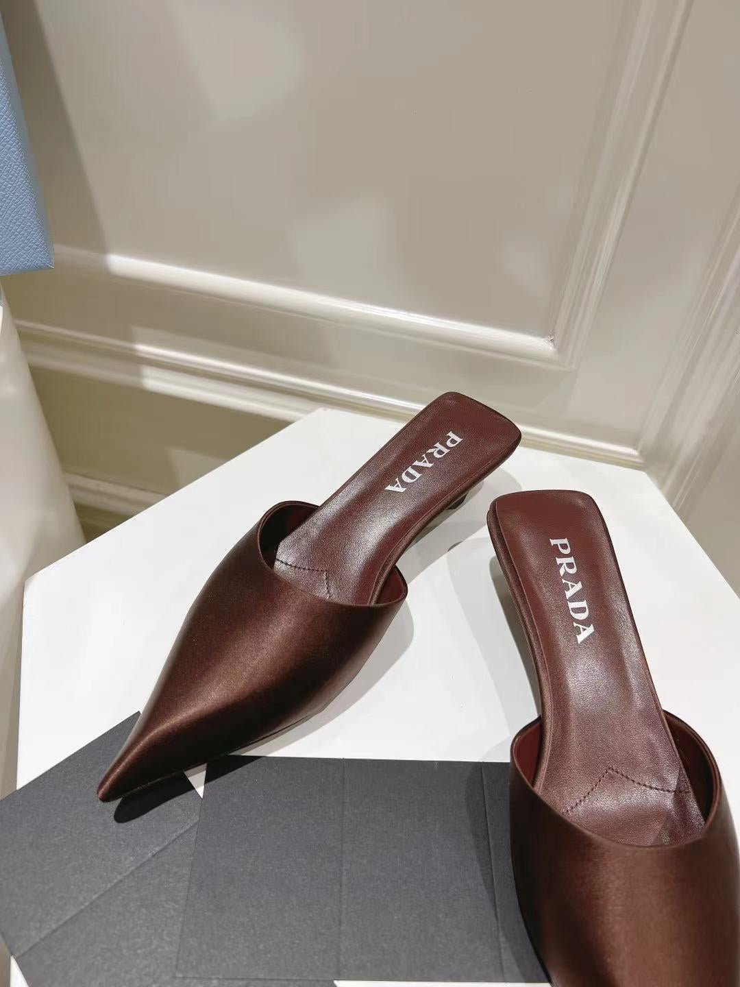 PRA POINTED-TOE MULES CHOCOLATE SATIN