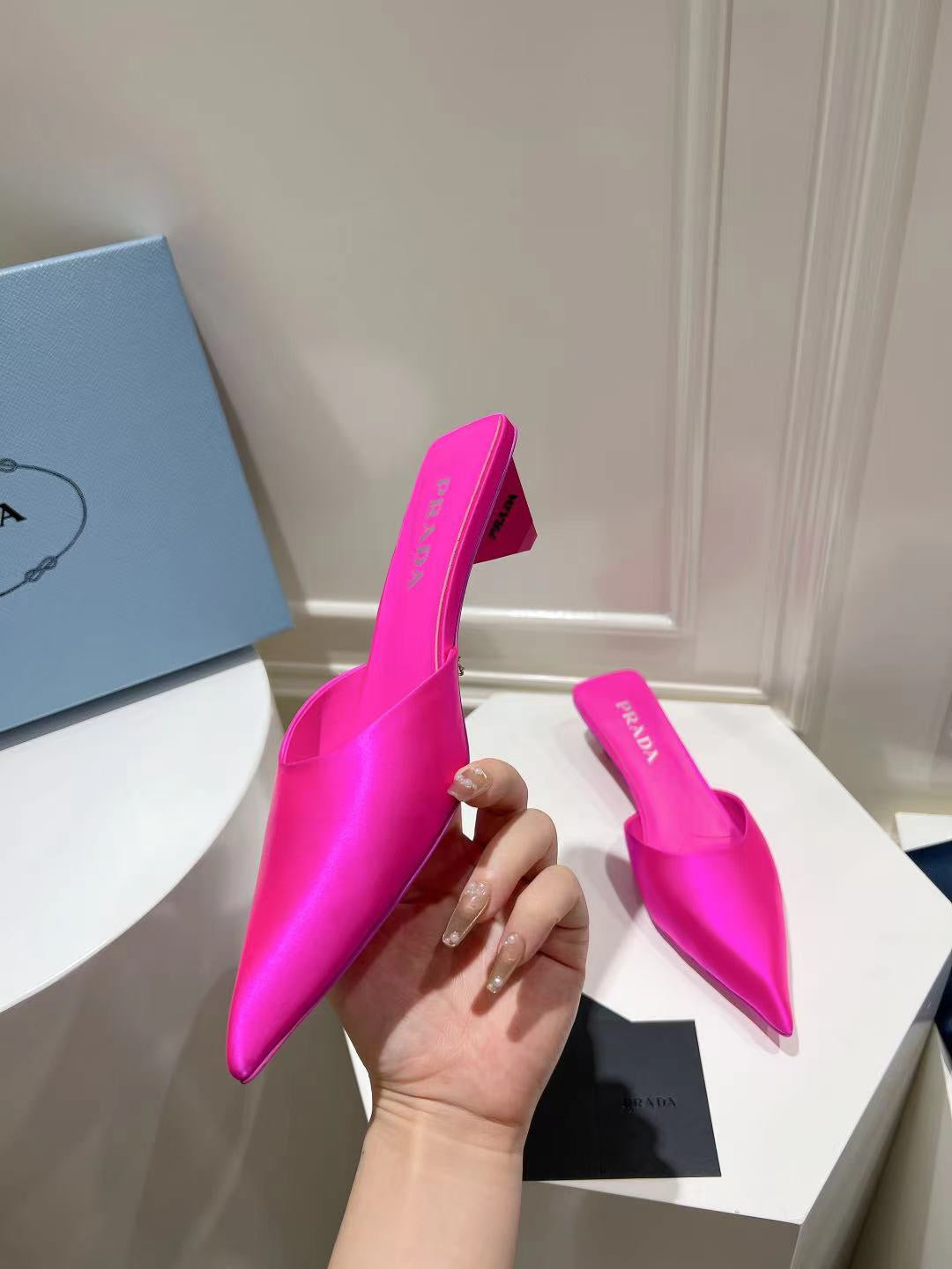 PRA POINTED-TOE MULES BRIGHT PINK SATIN