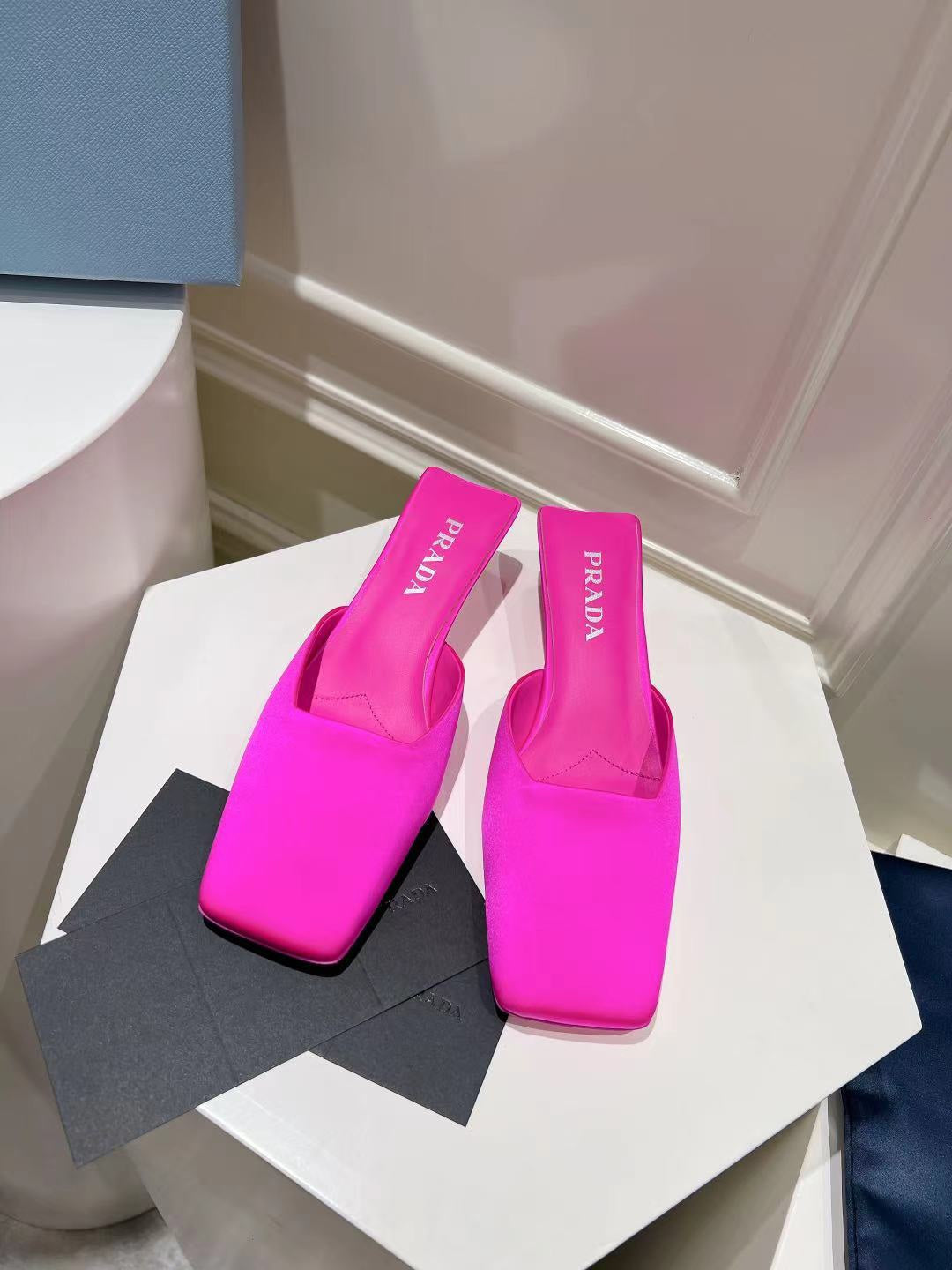 PRA SQUARE TOE MULES BRIGHT PINK SATIN