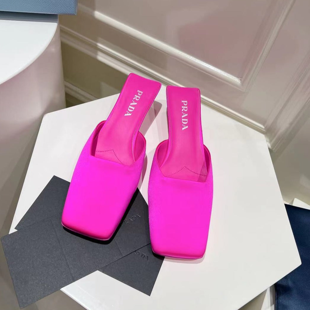PRA SQUARE TOE MULES BRIGHT PINK SATIN