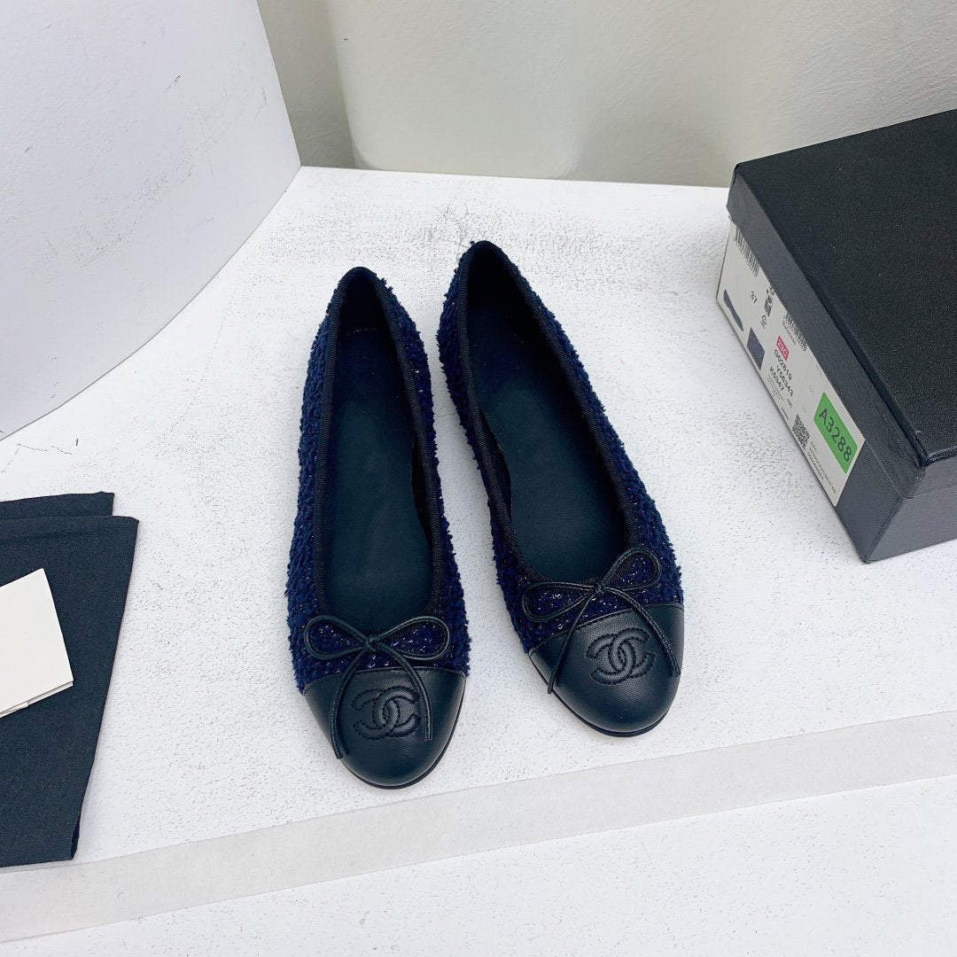 ballet flat dark blue tweed black grosgrain