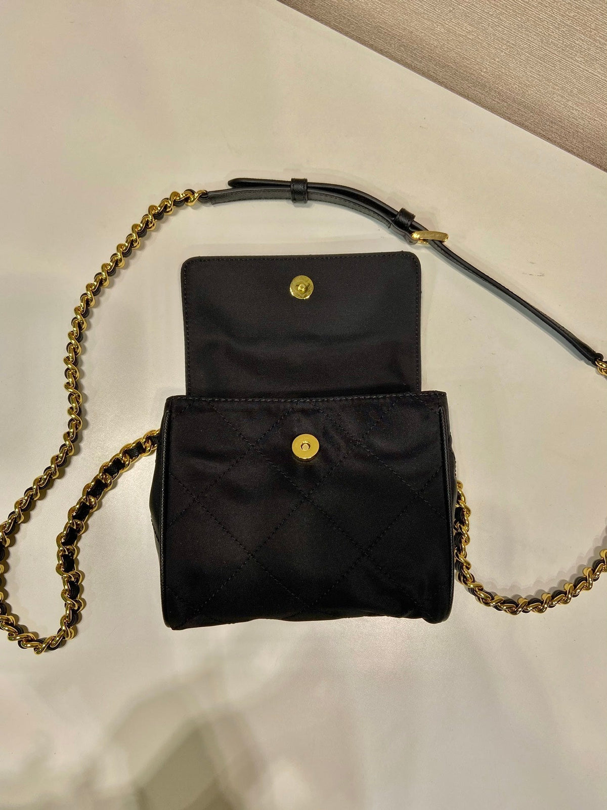 MINI QUILTED FLAP BAG 14 IN BLACK RE-NYLON FABRIC GOLD CHAIN