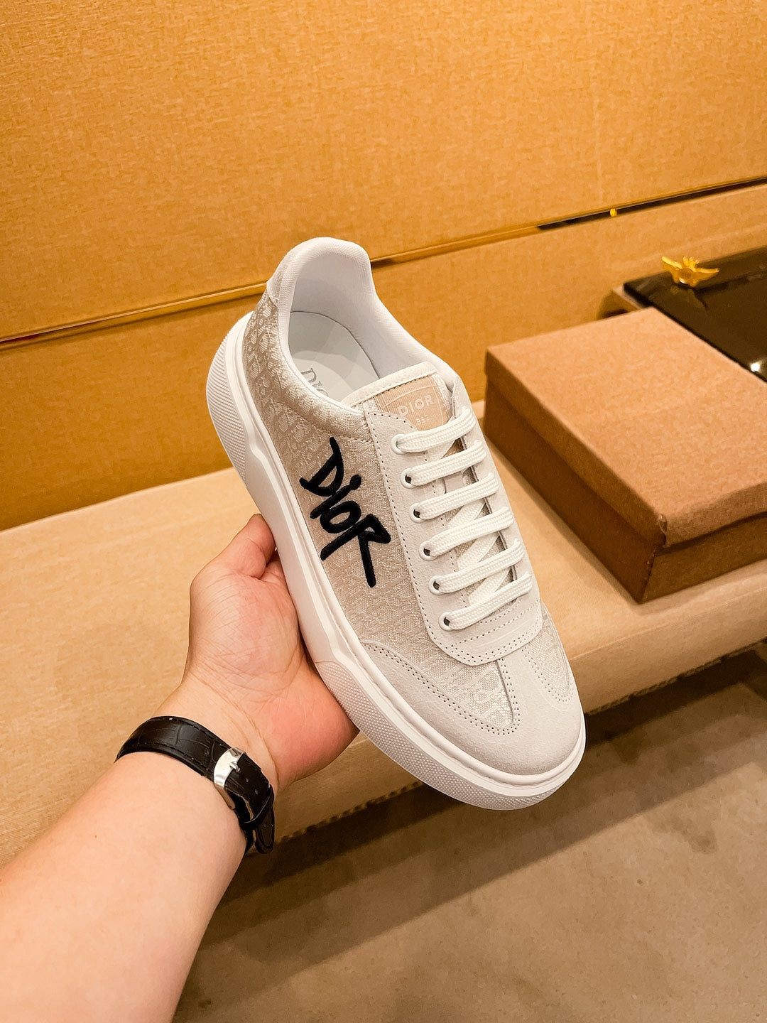 CD HOMME THICK-SOLE SNEAKERS BEIGE JACQUARD
