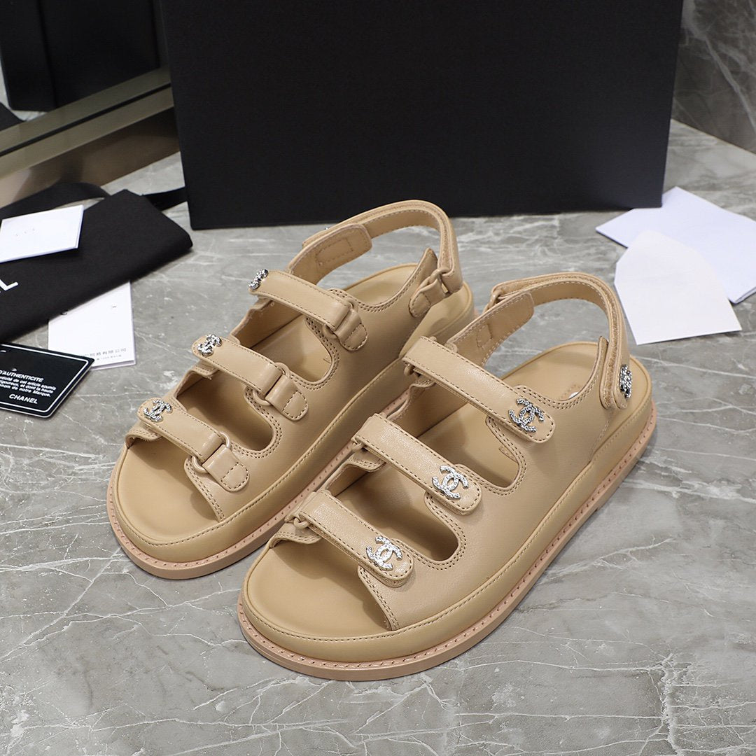 dad sandal beige calfskin silver cc