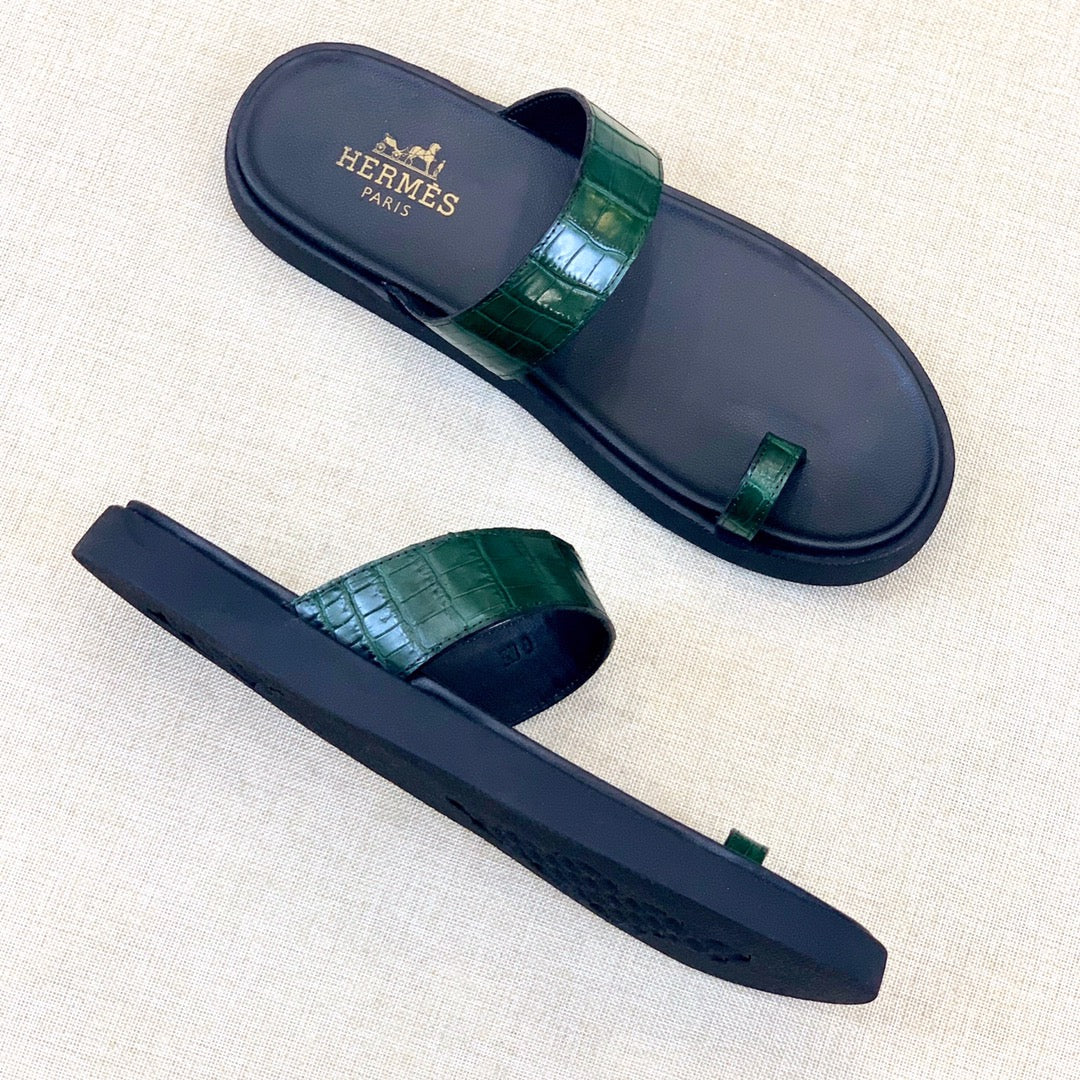 HM Men's Open-toe Sandals Green Rubber Sheepskin 561658