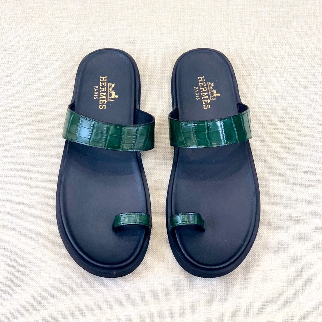 HM Men's Open-toe Sandals Green Rubber Sheepskin 561658