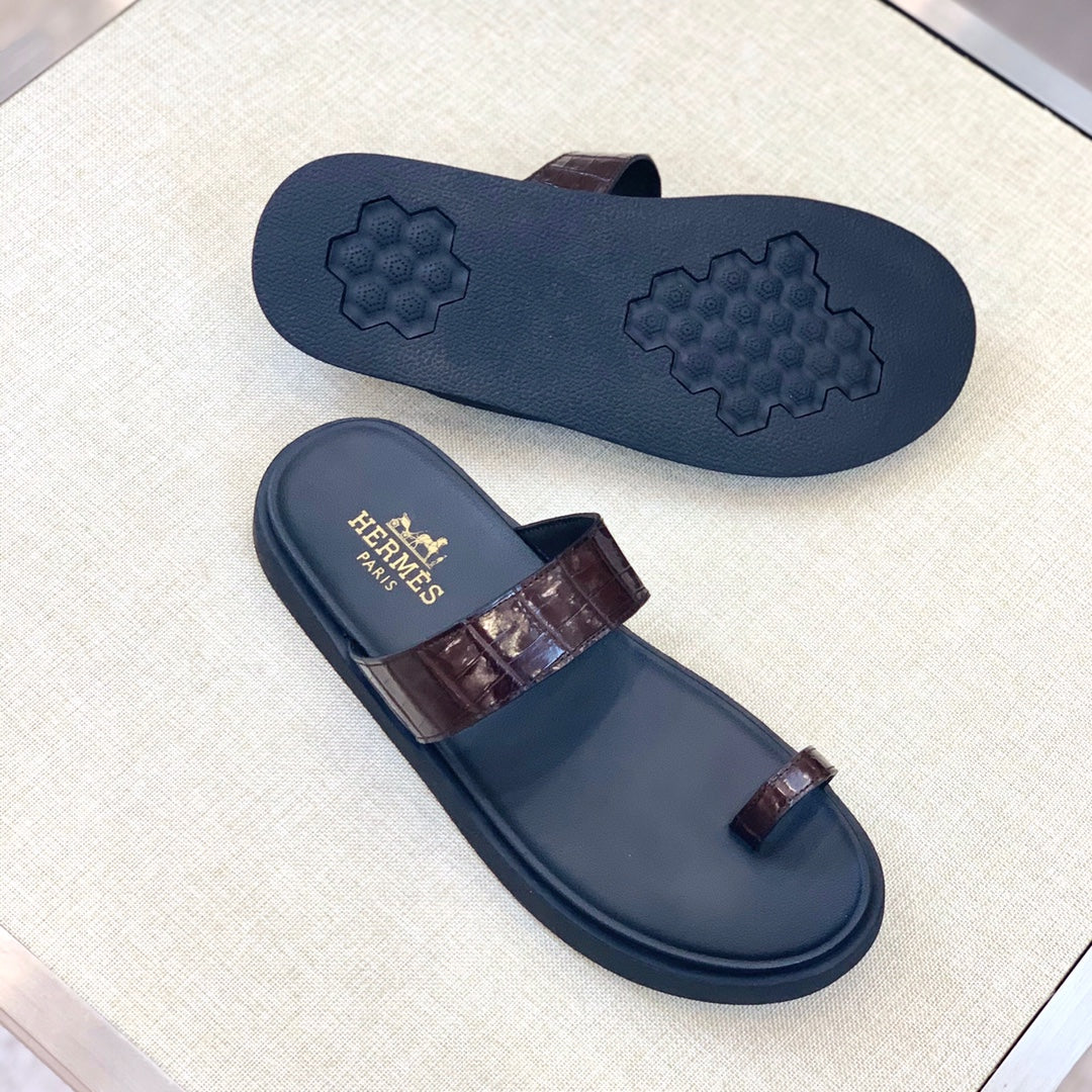 HM Men's Open-toe Sandals Brown Rubber  Sheepskin 561659