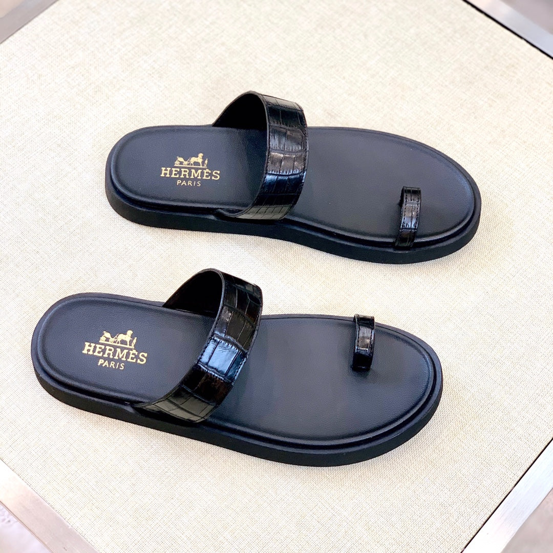 HM Men's Open-toe Sandals Black Rubber Sheepskin 561660