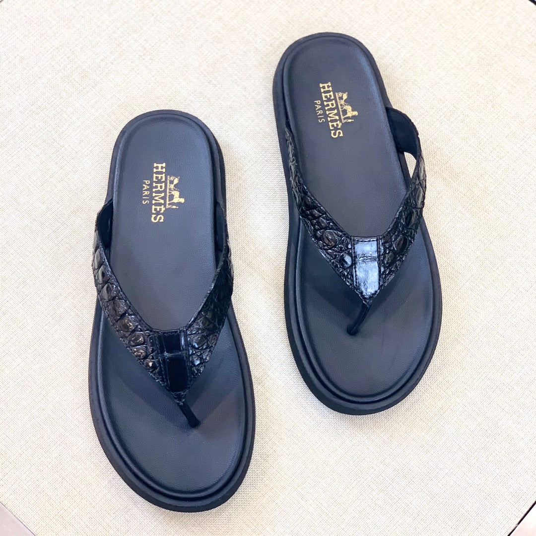 HM Men's Thong Sandals Black Rubber Sheepskin 561664