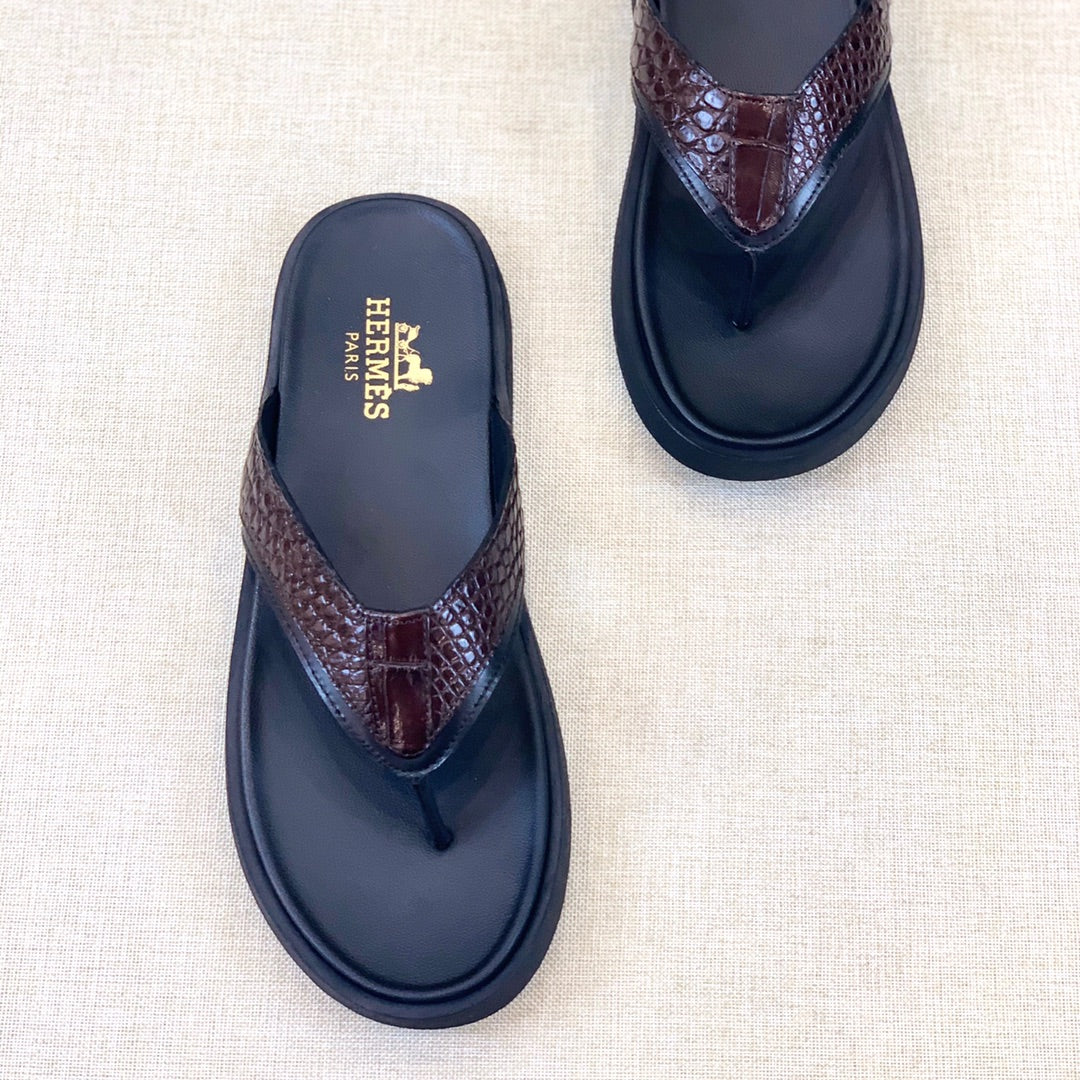HM Men's Thong Sandals Brown Rubber Sheepskin 561669