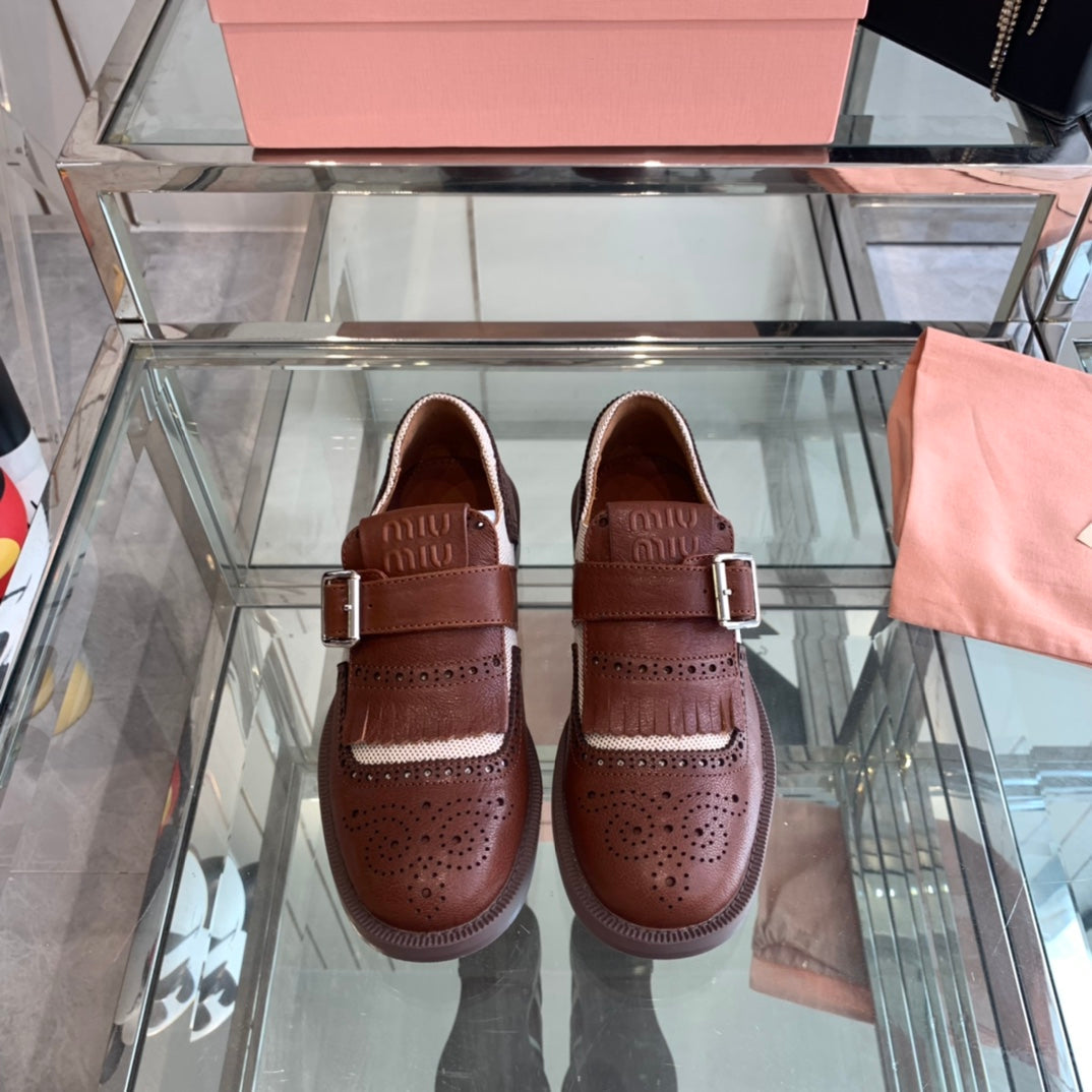 miu monk strap dark brown fabric calfskin