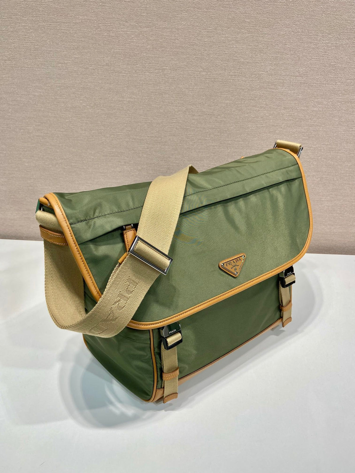 LARGE FLAP BAG 30 IN SEAWEED GREEN RE-NYLON AND BROWN CALFSKIN TRIM