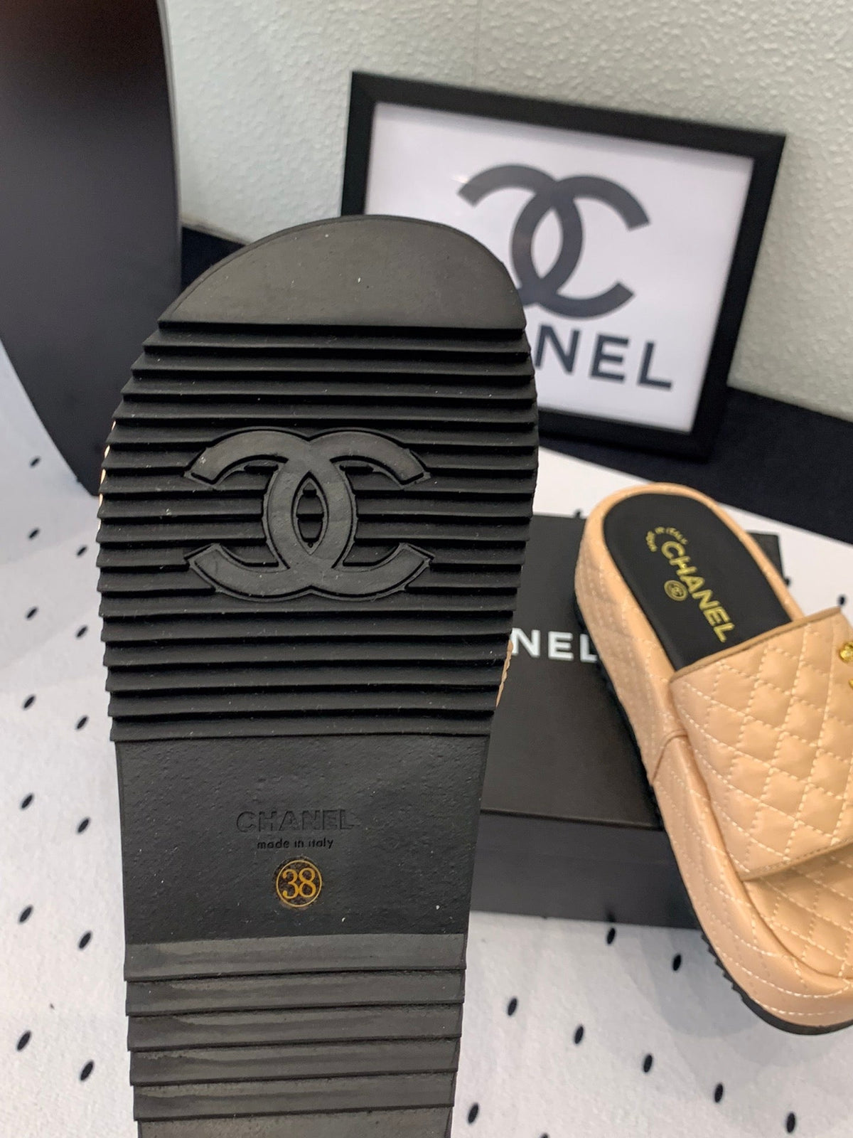 cc beige quilted calfskin platform