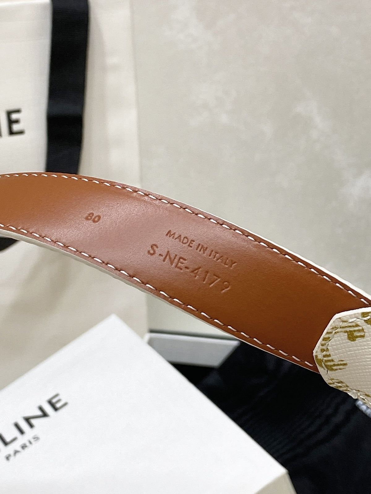CEL Medium Triomphe Belt in Taurillon Monogram White Leather 175193